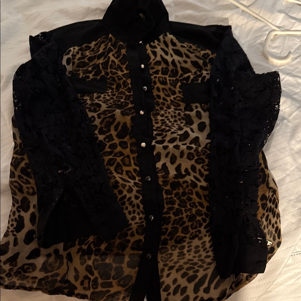 Leopard Print Sheer Blouse with Lace Sleeves